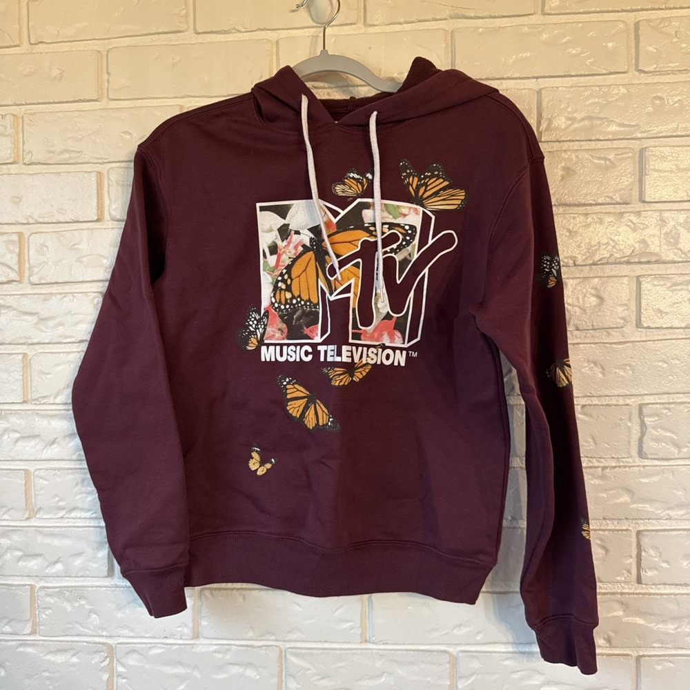 MTV Hoodie Women's Small Burgundy Butterfly Fleece Pullover